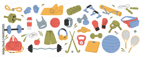 Sport equipment set. Gym accessories, training items, workout stuff, sportswear, athletic bag. Dumbbells, water bottle, fitness mat. Flat graphic vector illustrations isolated on white background