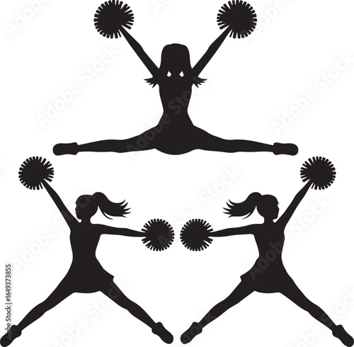 Three black silhouette cheerleaders with pom poms in dynamic poses on white background Keywords