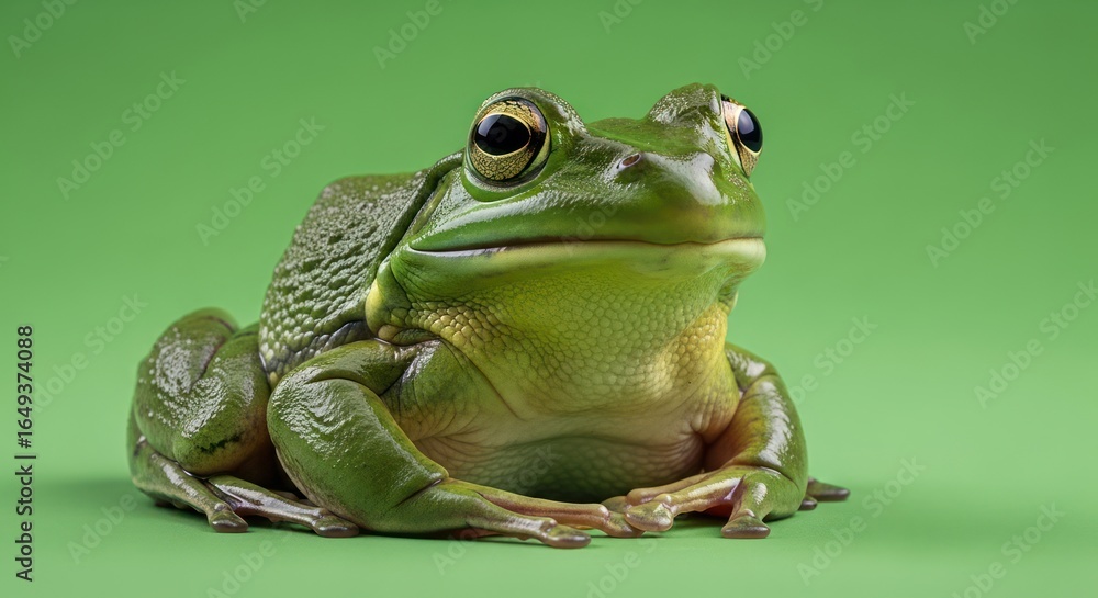 Obraz premium Captivating portrait of a plump green frog against vibrant verdant backdrop in studio setting