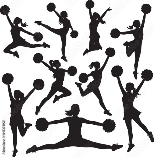 Ten black silhouette cheerleaders with pom poms in dynamic poses on white background Keywords