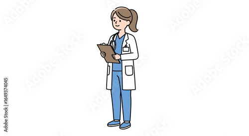A doctor in a lab coat holding a clipboard illustration