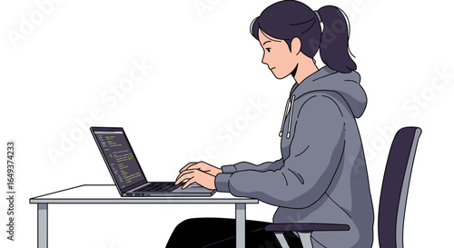 Woman with ponytail coding on a laptop at a white desk chair