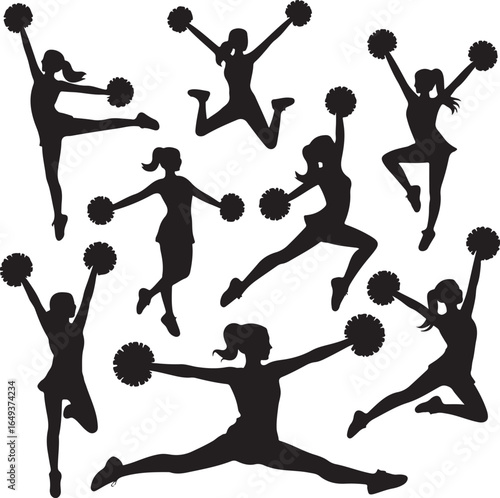 Nine black silhouette cheerleaders with pom poms in dynamic poses on white background Keywords