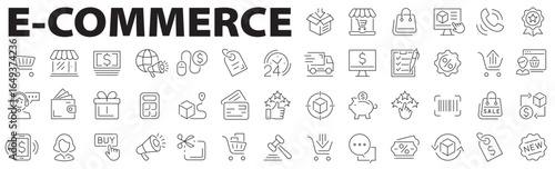 E-commerce icon set. Shopping line icon set. Online shopping, marketing, delivery, payment methods, shopping cart, shipping and more. Vector illustration