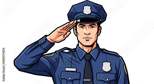 A police officer saluting in a blue uniform and cap cartoon