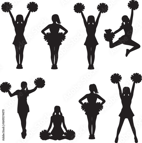Eight black silhouette cheerleaders with pom poms on white background Keywords: cheerleading