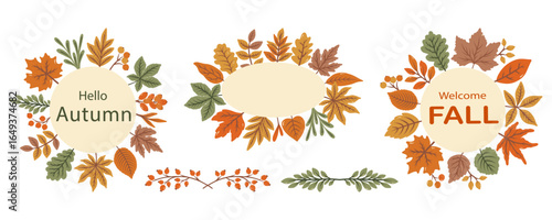 Autumn wreaths and design elements. Fall. Hand drawn leaves, plants, branches. Good for Thanksgiving greeting cards, invitations, flyers and other graphic design. Vector illustration.