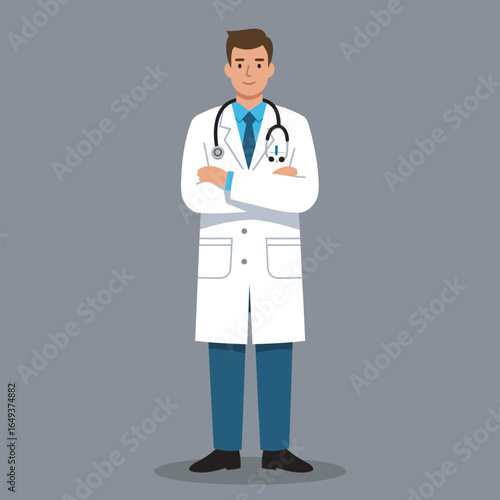 Confident doctor with stethoscope offers medical expertise and care in friendly modern style