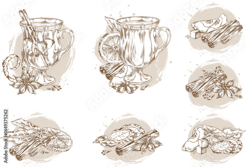Hand drawn engraved glass of mulled wine with spices and fruits, apples, berries and cinnamon sticks vector sketch