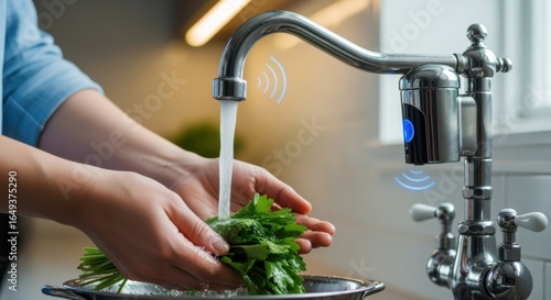 User rinsing fresh herbs under a touchless retrofitted kitchen faucet highlighting handsfree operation for effortless sanitary food preparation.