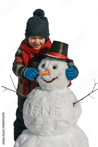 Joyful boy happily creates snowman with carrot nose and top hat in winter wonderland