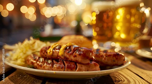 Traditional German Sausages with Sauerkraut and Beer in a Festive Outdoor Setting