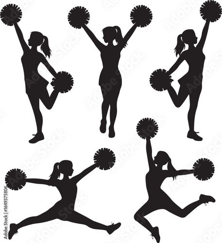 Collection of five cheerleader silhouettes in various dynamic poses with pom poms group