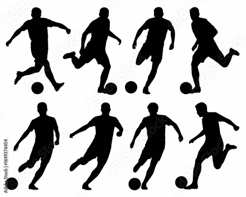 Collection of eight dynamic soccer player silhouettes in action isolated on white background silhouette