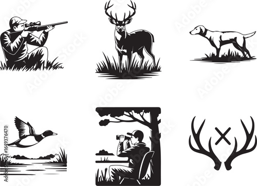 Hunting illustrations featuring deer, ducks, and hunters in nature