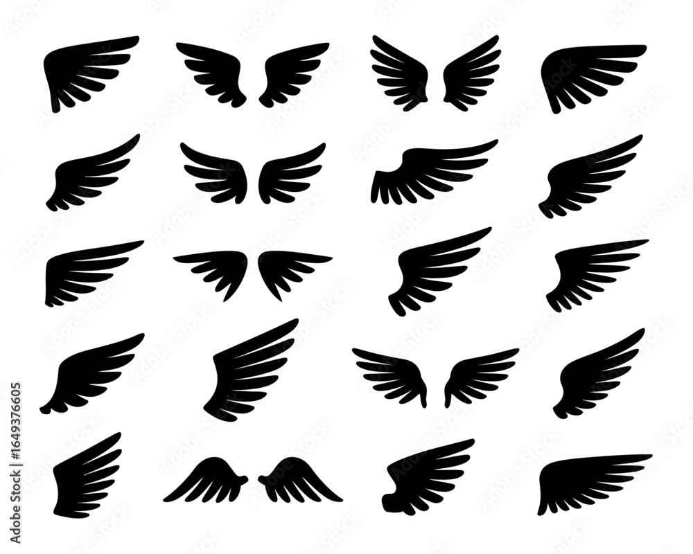 Obraz premium Collection of diverse black wing silhouettes isolated on white background