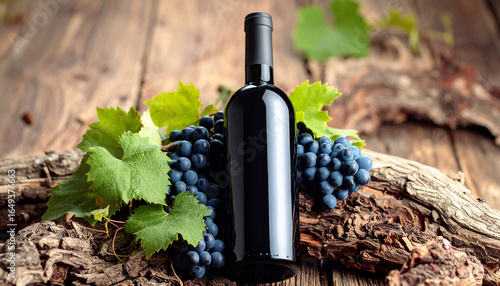Bottle of red wine with blue grapes