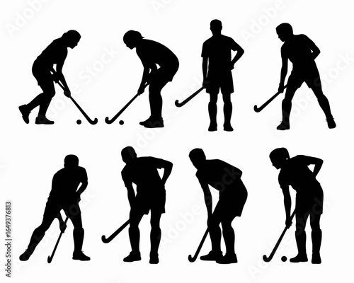 Field hockey players in various poses silhouette isolated on white background