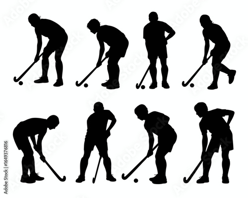 Field hockey player silhouettes in various poses isolated on white background