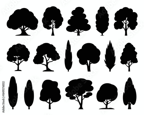 Collection of diverse tree silhouettes isolated on white background