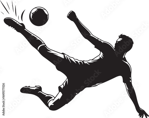 Dynamic soccer player kicking ball silhouette against white background