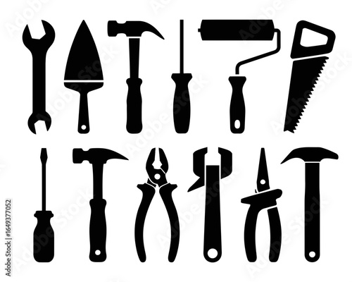 Collection of various hand tools silhouette isolated on white background