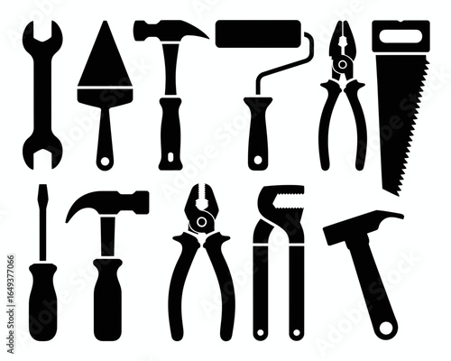 Collection of various construction and diy tools in silhouette isolated on white background