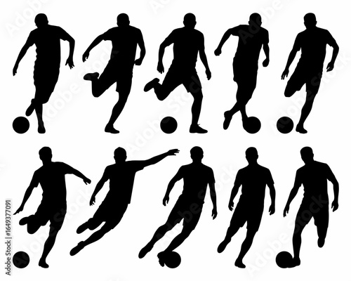 Collection of soccer player silhouettes in dynamic poses isolated on white background