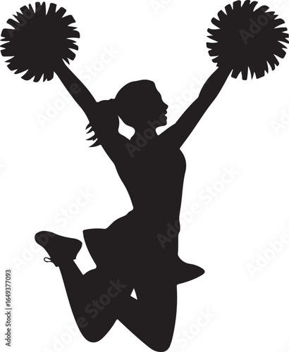 Silhouette of a cheerleader jumping with pom poms in the air action