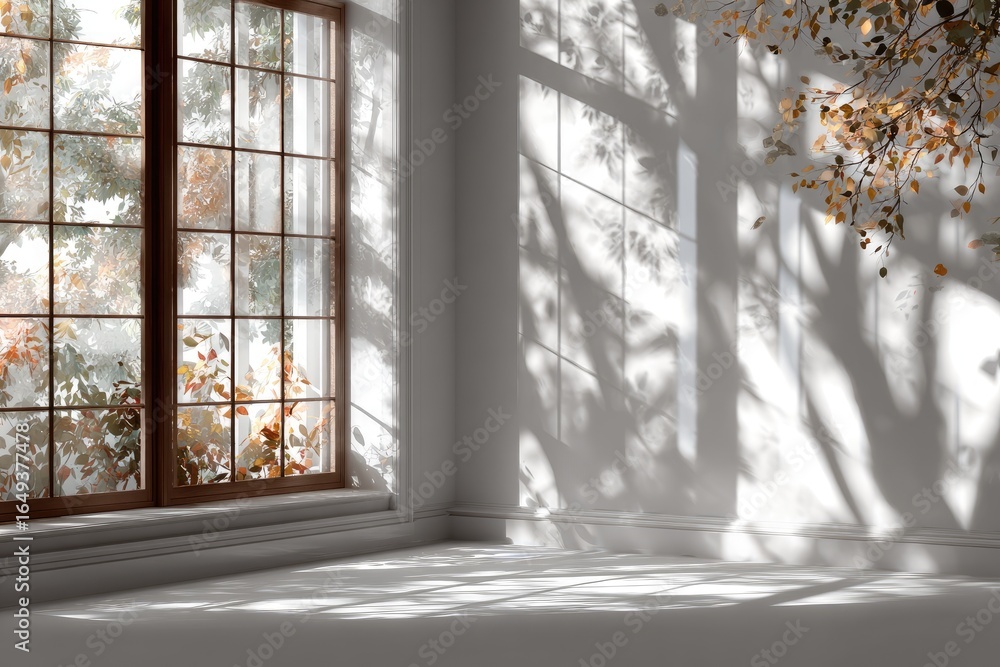 Naklejka premium Sunlight streams through a window, casting autumnal shadows