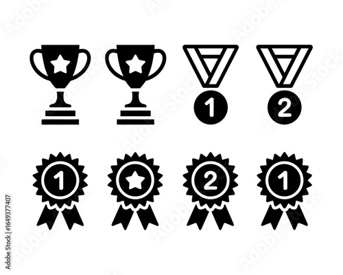 Collection of award trophies medals and rosettes silhouette isolated on white background