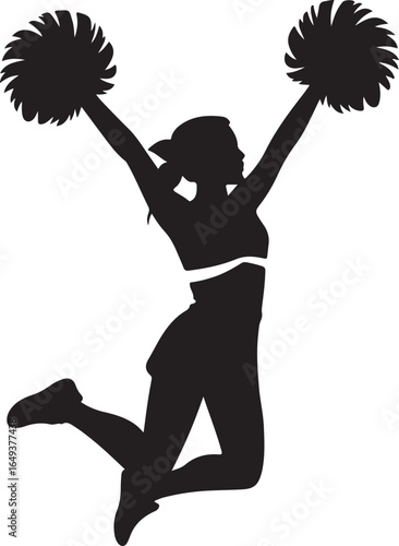 Silhouette Cheerleader Jumping with Pom Poms on White Background cheerleading female