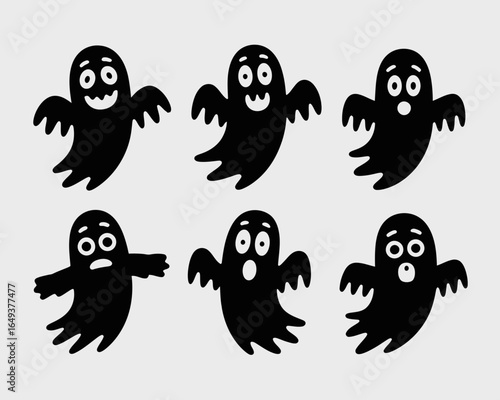Six cartoon ghost silhouettes with different expressions isolated on white background