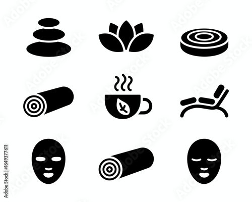 Collection of spa and wellness icons including stones lotus tea and massage elements silhouette isolated on white background