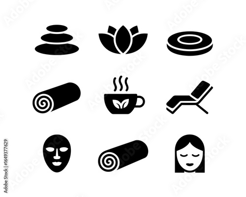 Collection of spa and wellness icons in silhouette isolated on white background