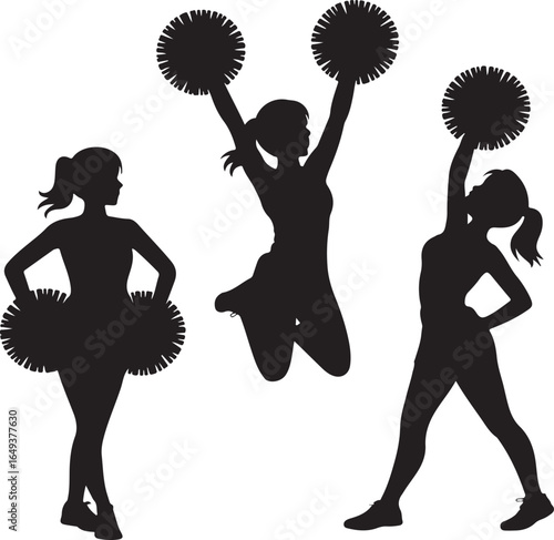Three Silhouette Cheerleaders Posing with Pom Poms on White Background cheerleading female