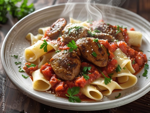Authentic Italian Pappardelle Pasta with Sautéed Chicken Liver in a Rustic Herb Tomato Sauce – Parmesan and Fresh Parsley – Gourmet Rustic Food Photography
