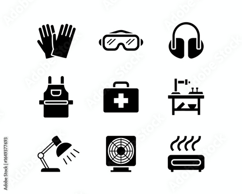 Collection of safety and workshop equipment icons silhouette isolated on white background