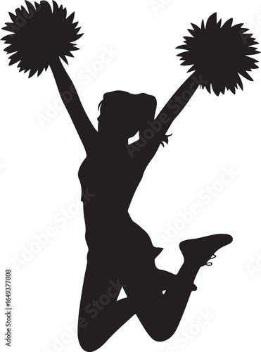 Silhouette of a Cheerful Jumping Cheerleader with Pom Poms on White Background cheerleading