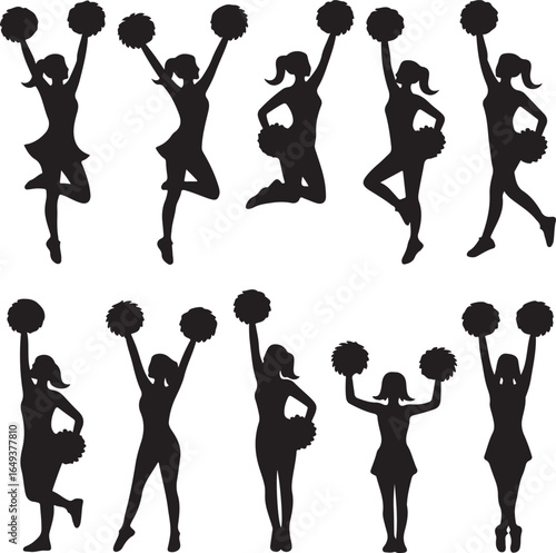 Ten Silhouette Cheerleaders Posing with Pom Poms on White Background cheerleading female