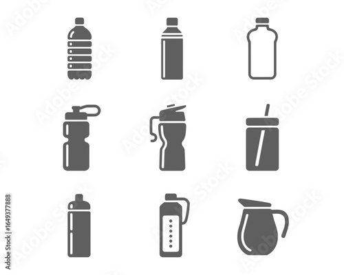 Collection of various water bottle and pitcher icons silhouette isolated on white background