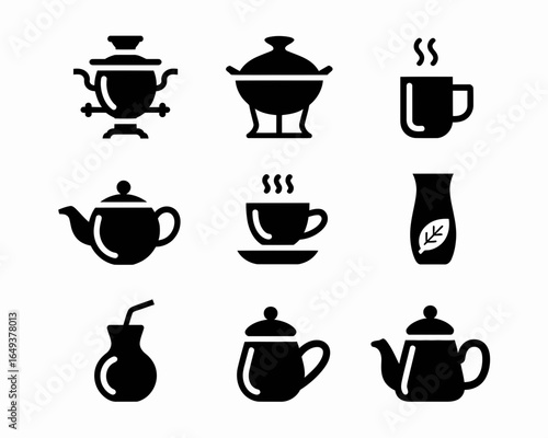 Collection of beverage and serving ware silhouettes isolated on white background silhouette