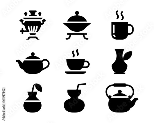 Collection of nine black beverage and decorative vessel silhouettes isolated on white background