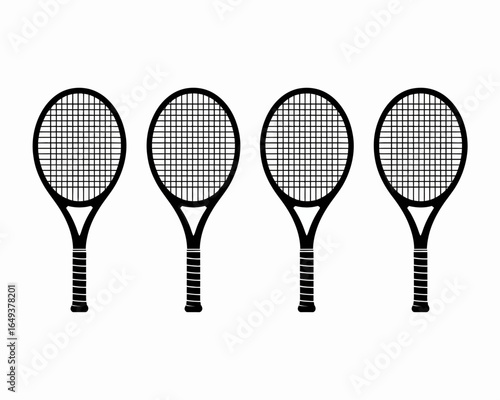 Four black tennis rackets arranged in a row isolated on white background silhouette
