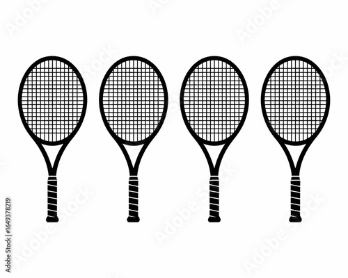 Four tennis racquet silhouettes arranged in a row isolated on white background