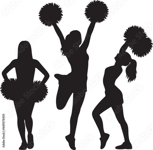 Three Cheerleader Silhouettes Posing with Pom Poms on White Background cheerleading