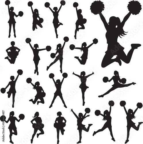 Diverse collection of cheerleader silhouettes in dynamic action poses with pom-poms cheerleading female