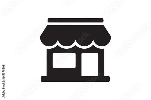 Simple black silhouette of a storefront with awning isolated on white background