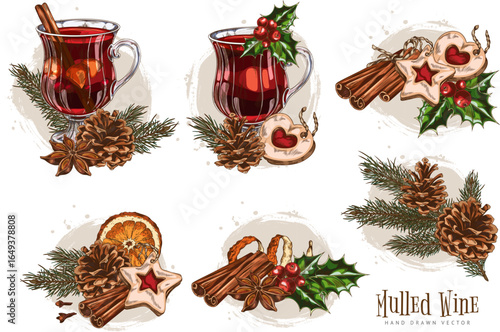 Set of elements with mulled wine glasses, spices, fruits, cookies, pine branches, holly.