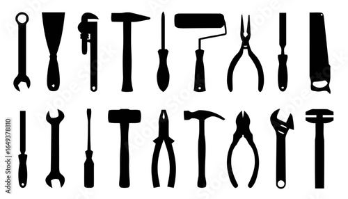 Collection of various hand tool silhouettes isolated on white background